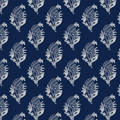 Navy Blue White Bouvardia Flower Elegant Peel and Stick Removable Wallpaper Pattern