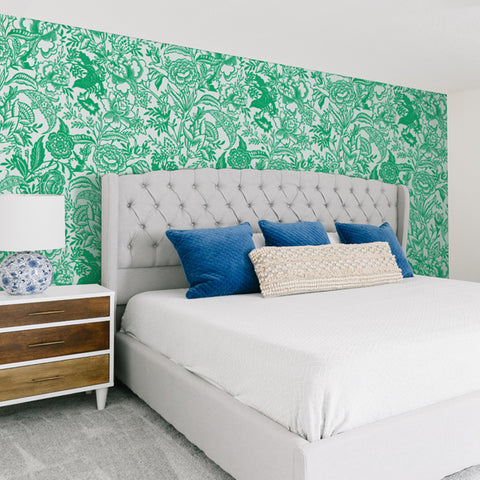 White background bright green flowers and Leaves elegant wallpaper peel and stick removable sample size