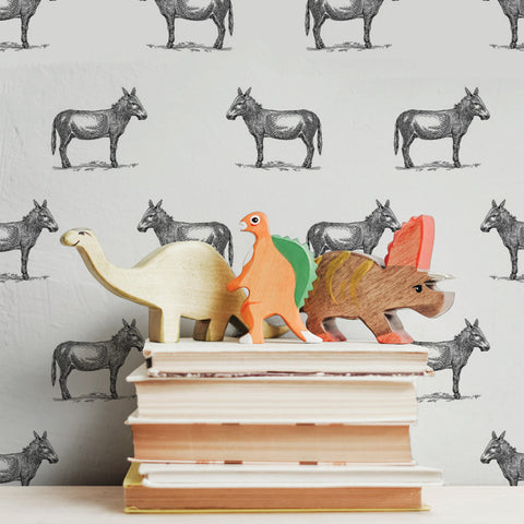 illustrated black donkey on white background wallpaper pattern peel and stick sample size