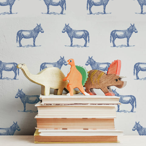illustrated blue donkey on white background wallpaper pattern peel and stick sample size