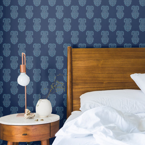 white elegant design pattern on dark navy blue background Removable Peel and Stick Wallpaper sample size