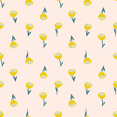 yellow and green floral design pattern on light pink background Removable Peel and Stick Wallpaper