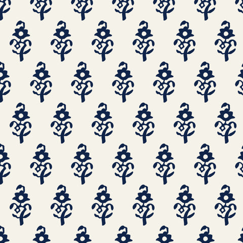 dark indigo blue floral design pattern on white background Removable Peel and Stick Wallpaper