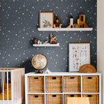 white star design pattern on dark navy blue background Removable Peel and Stick Wallpaper in kids room