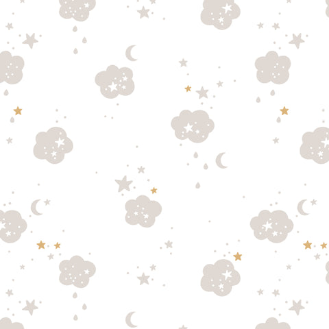 illustrated grey clouds and yellow stars pattern on white background Removable Peel and Stick Wallpaper