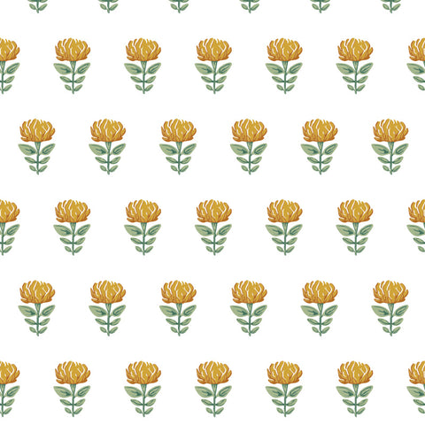 orange yellow and green flower design pattern on white background Removable Peel and Stick Wallpaper