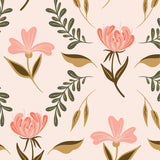 pink tan and dark green floral design pattern on peach colored background Removable Peel and Stick Wallpaper