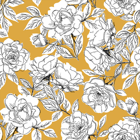 black and white outlined floral design pattern on amber yellow background Removable Peel and Stick Wallpaper