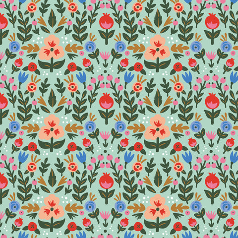 colorful blue pink green and red floral design pattern on light blue background Removable Peel and Stick Wallpaper