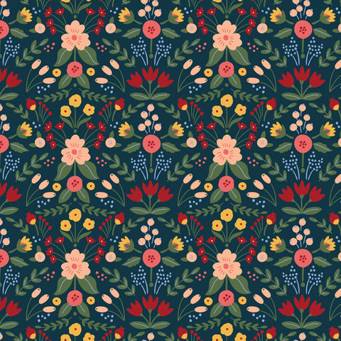 colorful pink green and red floral design pattern on navy blue background Removable Peel and Stick Wallpaper