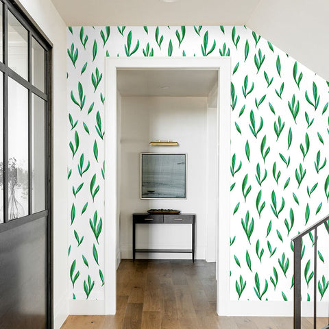 green leaf design pattern on white background Removable Peel and Stick Wallpaper sample size close up
