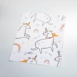 cartoon style white and orange unicorn and rainbow design pattern on white background peel and stick wallpaper sample size