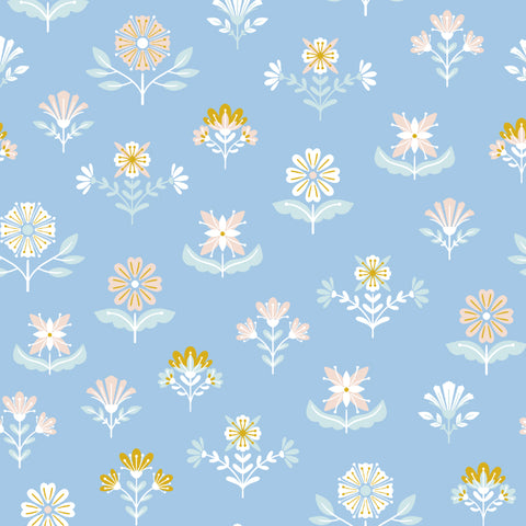 light colorful flower design on baby blue background Removable Peel and Stick Wallpaper pattern