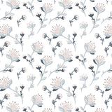 whimsical grey dark blue and light pink flower design pattern on white background Removable Peel and Stick Wallpaper