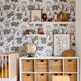 charcoal black animal and leaves silhouette pattern on white background Removable Peel and Stick Wallpaper in kids room