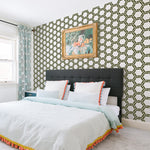 White Background Dark Green Braided Geometric Pattern Elegant Peel and Stick Removable Wallpaper