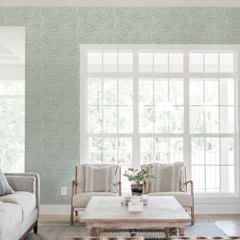 Blue elegant leaves living room peel and stick wallpaper removable
