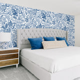 White background navy blue flowers and Leaves bedroom elegant wallpaper peel and stick removable