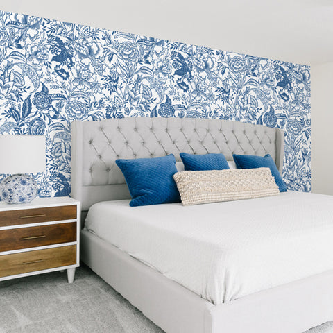 White background navy blue flowers and Leaves elegant wallpaper peel and stick removable sample size