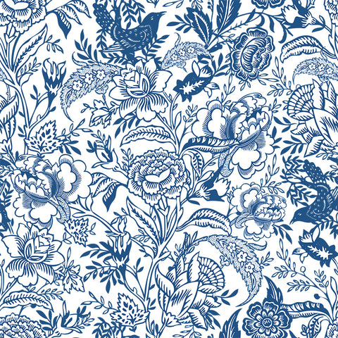 White background navy blue flowers and Leaves elegant wallpaper peel and stick removable pattern