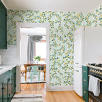 illustrated green leaves yellow lemon on mint green background wallpaper in kitchen peel and stick pattern