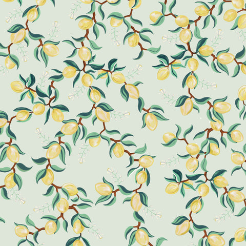 illustrated green leaves yellow lemon on mint green background wallpaper peel and stick pattern