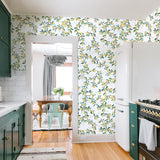 illustrated green leaves yellow lemon on white background wallpaper in kitchen peel and stick pattern
