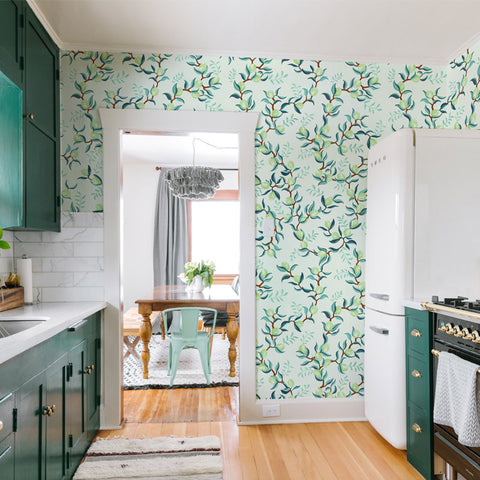 illustrated green leaves green lime on mint background wallpaper peel and stick pattern sample size