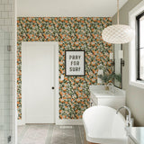 illustrated green leaves white flowers citrus orange wallpaper in bathroom peel and stick pattern