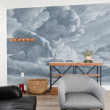 hand drawn light blue cloud mural illustration peel and stick wallpaper in room