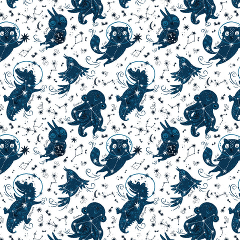 indigo blue illustrated cartoon alligator octopus on white background Removable Peel and Stick Wallpaper pattern