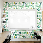 green colorful nature leaves and flowers design on white background Removable Peel and Stick Wallpaper in office