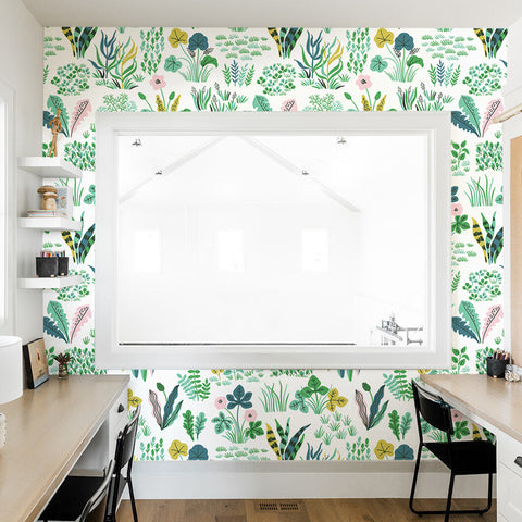 green colorful nature leaves and flowers design on white background Removable Peel and Stick Wallpaper sample size