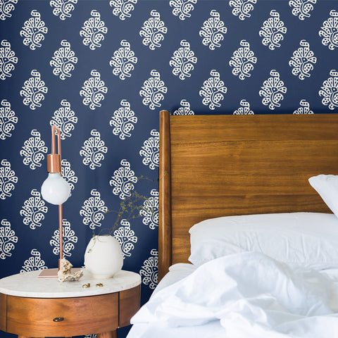 white elegant floral design pattern on dark indigo blue background Removable Peel and Stick Wallpaper sample size