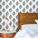 dark navy blue elegant floral design pattern on white background Removable Peel and Stick Wallpaper in bedroom