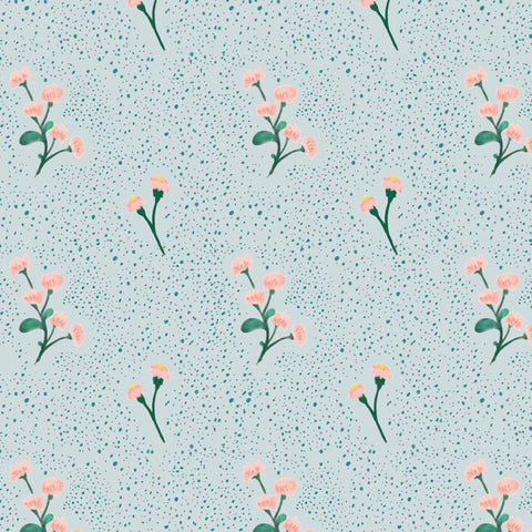 pink and green floral design pattern spotted green on blue  background Removable Peel and Stick Wallpaper