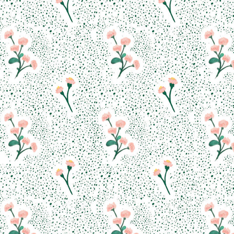 pink and green floral design pattern on spotted green and white background Removable Peel and Stick Wallpaper