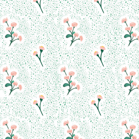 pink and green floral design pattern on spotted mint and white background Removable Peel and Stick Wallpaper