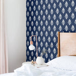 white elegant floral design pattern on dark indigo blue background Removable Peel and Stick Wallpaper in bedroom