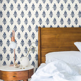 dark indigo blue floral design pattern on white background Removable Peel and Stick Wallpaper in bedroom