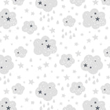 illustrated grey clouds rain and black stars pattern on white background Removable Peel and Stick Wallpaper