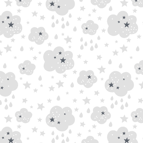 illustrated grey clouds rain and black stars pattern on white background Removable Peel and Stick Wallpaper