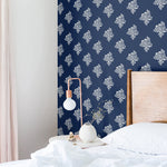 white elegant floral design pattern on dark indigo blue background Removable Peel and Stick Wallpaper in bedroom