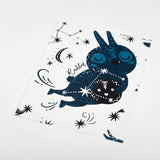 indigo blue illustrated cartoon rabbit on white background Removable Peel and Stick Wallpaper sample size