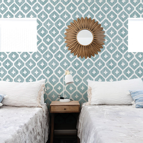 green and white illustrated geometric design pattern Removable Peel and Stick Wallpaper in bedroom