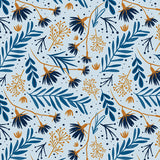 blue and orange leaves and flowers pattern on light blue background Removable Peel and Stick Wallpaper