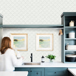 light green blue clamshell sea shell design pattern on white background Removable Peel and Stick Wallpaper in kitchen