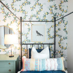 illustrated green leaves yellow lemon and brown branches on white background wallpaper peel and stick pattern in bedroom