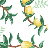 illustrated green leaves yellow lemon and brown branches on white background wallpaper peel and stick pattern
