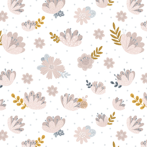 illustrated pink yellow and grey flowers design on white background wallpaper peel and stick pattern